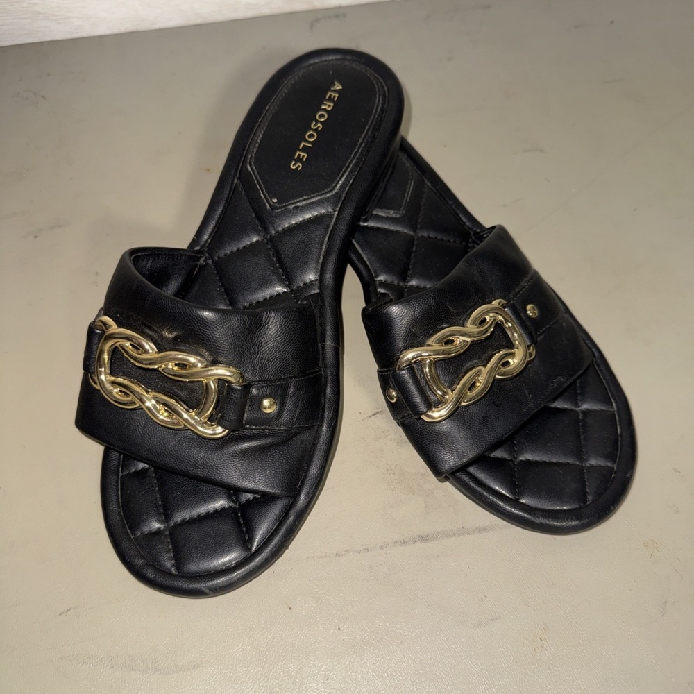 Aerosols Women's Big Chain Slide Sandals Black Leather Gold Tone Hardware Sz 7